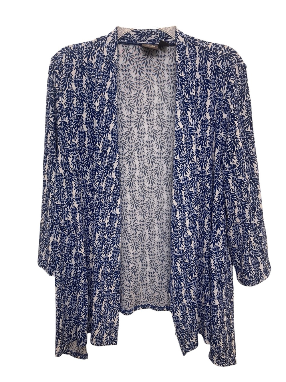 Chico’s Travelers Open-Front Blue & White Pineapple-Print Women’s Cardigan 2/M